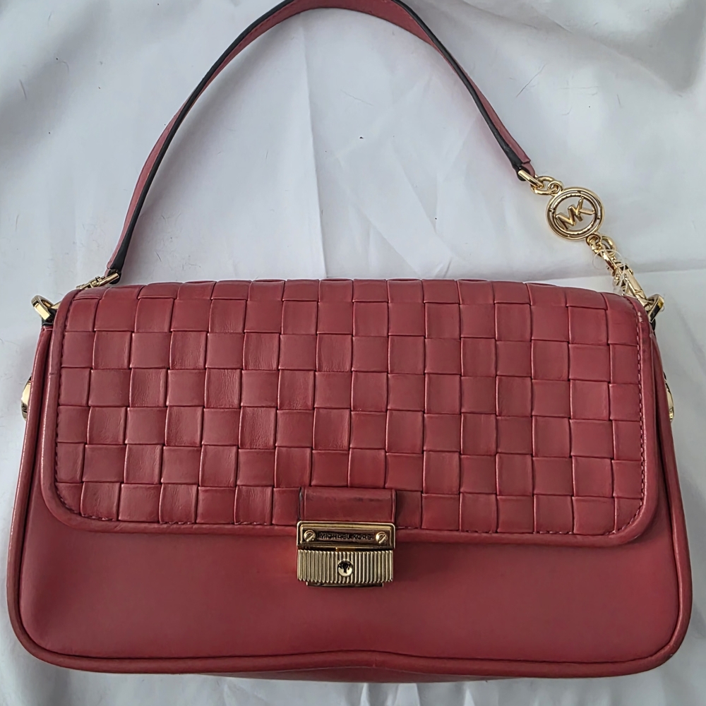 Michael Kors Red Woven Leather Bradshaw Shoulder Bag